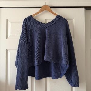 Blue Ribbed Knit Sweater